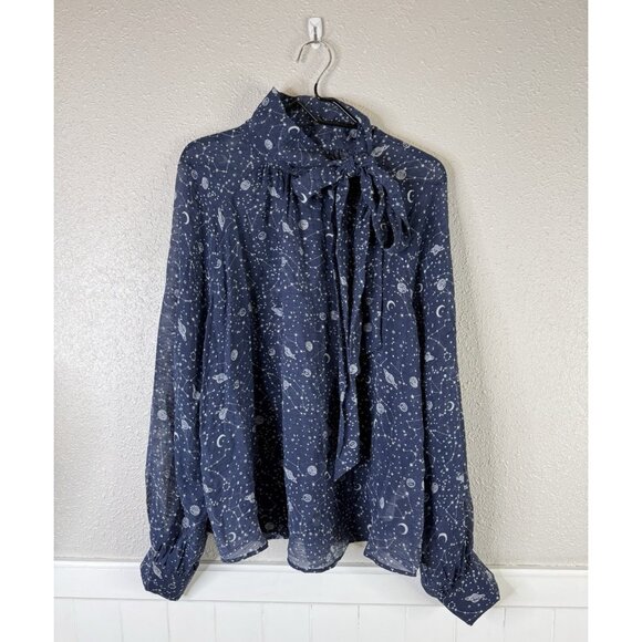 Anthropology Top Sz XL Blue Organza Tie Neck Space Blouse Sheer Astrology Career - Picture 2 of 10